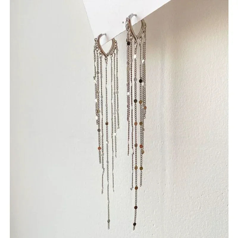 Gold Color Light Luxury Long Tassel Hoop Earrings Female Temperament Love Heart Dangle Earrings Handmade Jewelry Wedding Gift