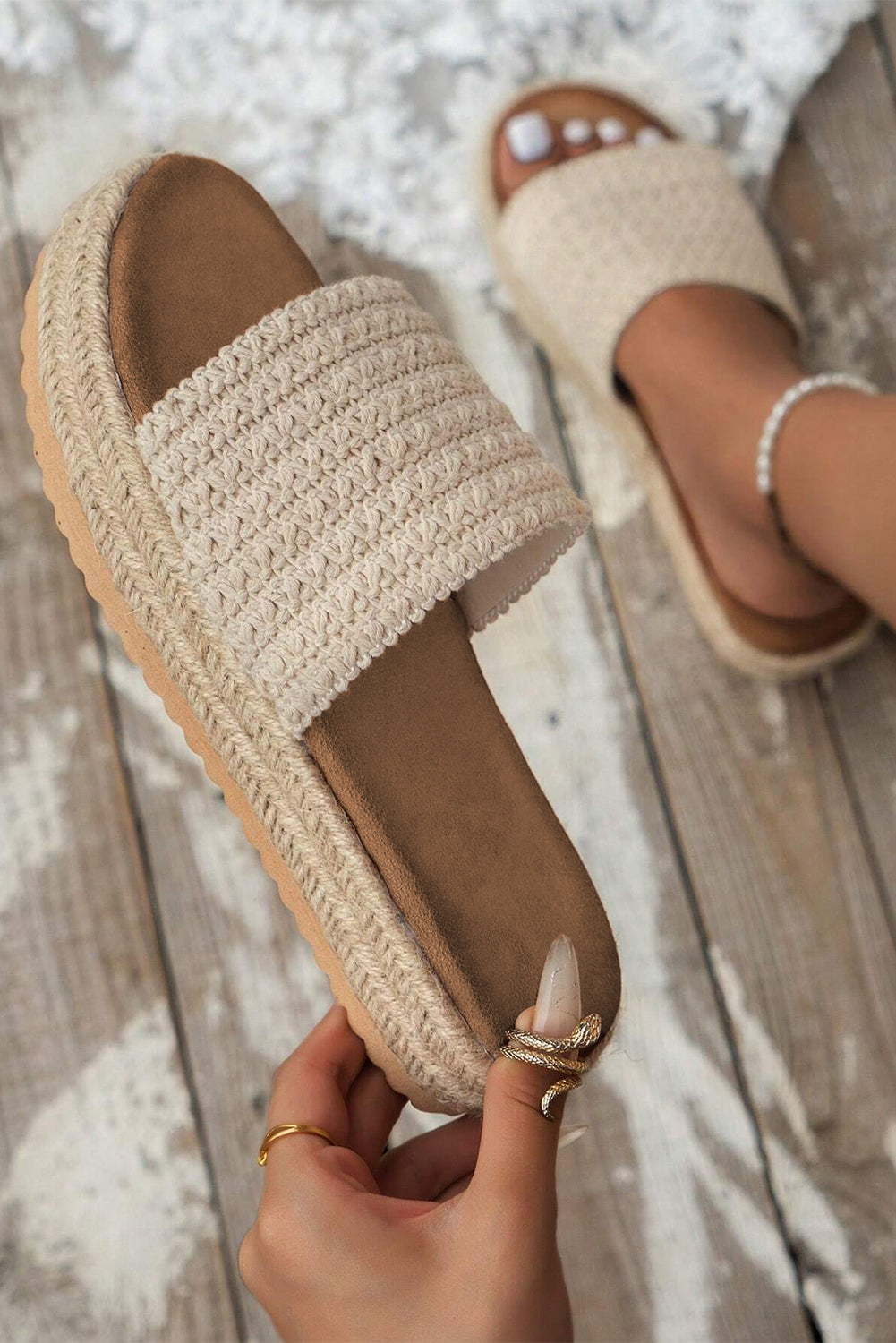 White Boho Woven Non-slip Wedge Slippers