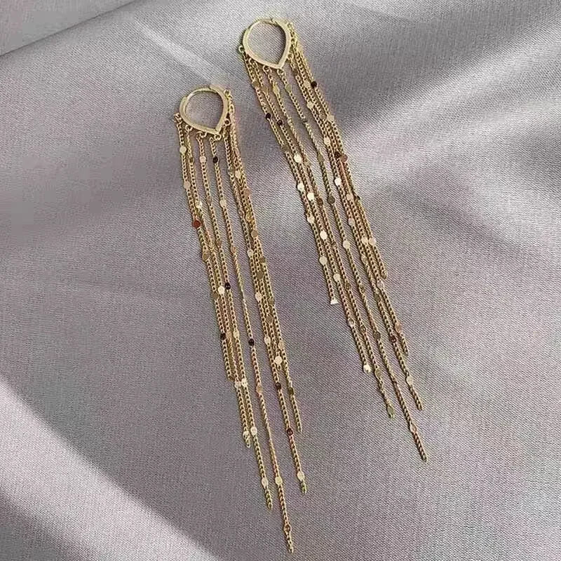 Gold Color Light Luxury Long Tassel Hoop Earrings Female Temperament Love Heart Dangle Earrings Handmade Jewelry Wedding Gift