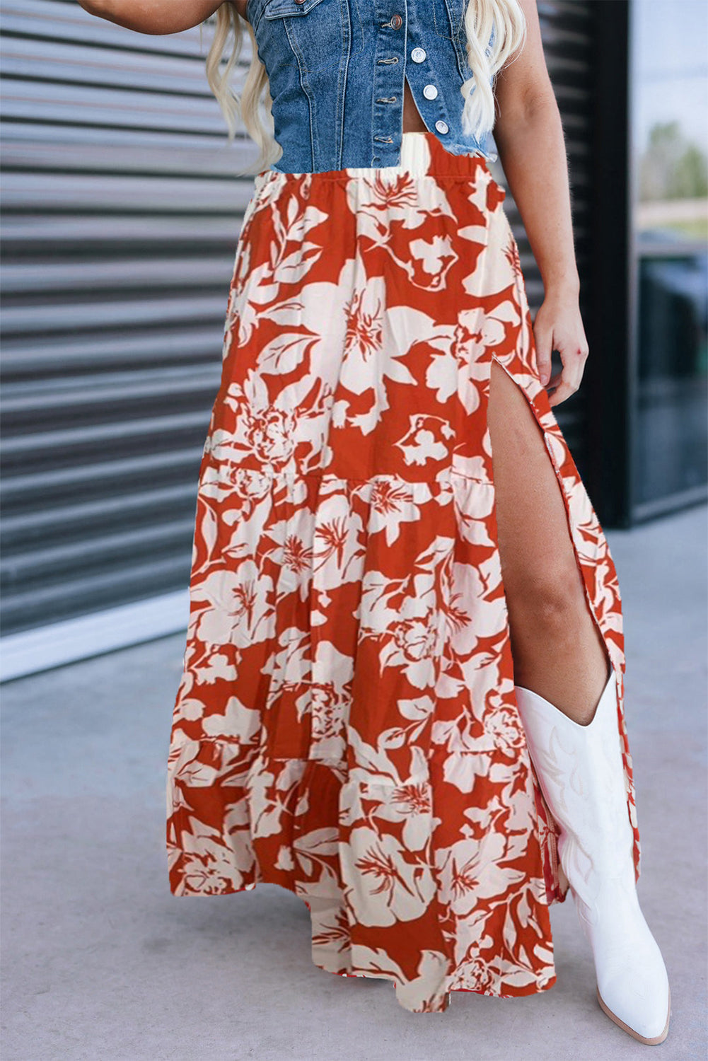 Red High Split Floral Western Cowgirl Maxi Skirt