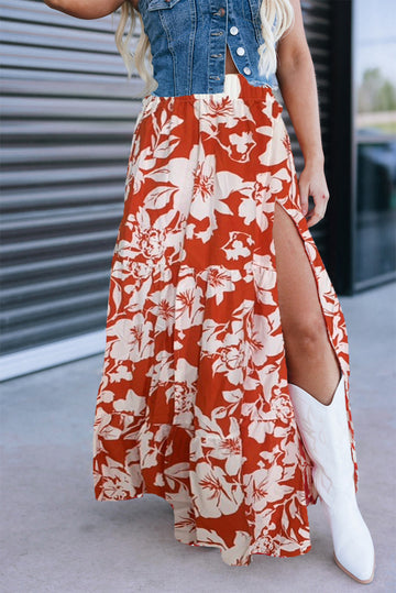 Red High Split Floral Western Cowgirl Maxi Skirt